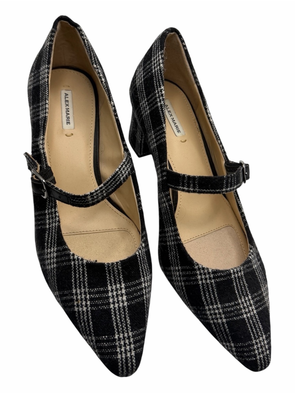 Alex Marie Elza Plaid Pumps Black White Block Heel Straps Closed Toe Size 7.5